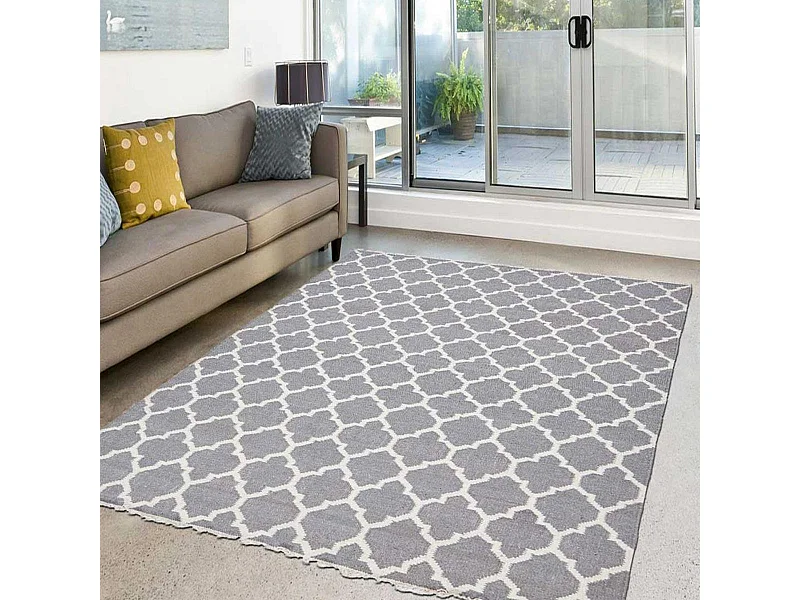 Tapis kilim 80x150 rectangle fait main en laine gris motif scandinave LYN12 AFRIRA