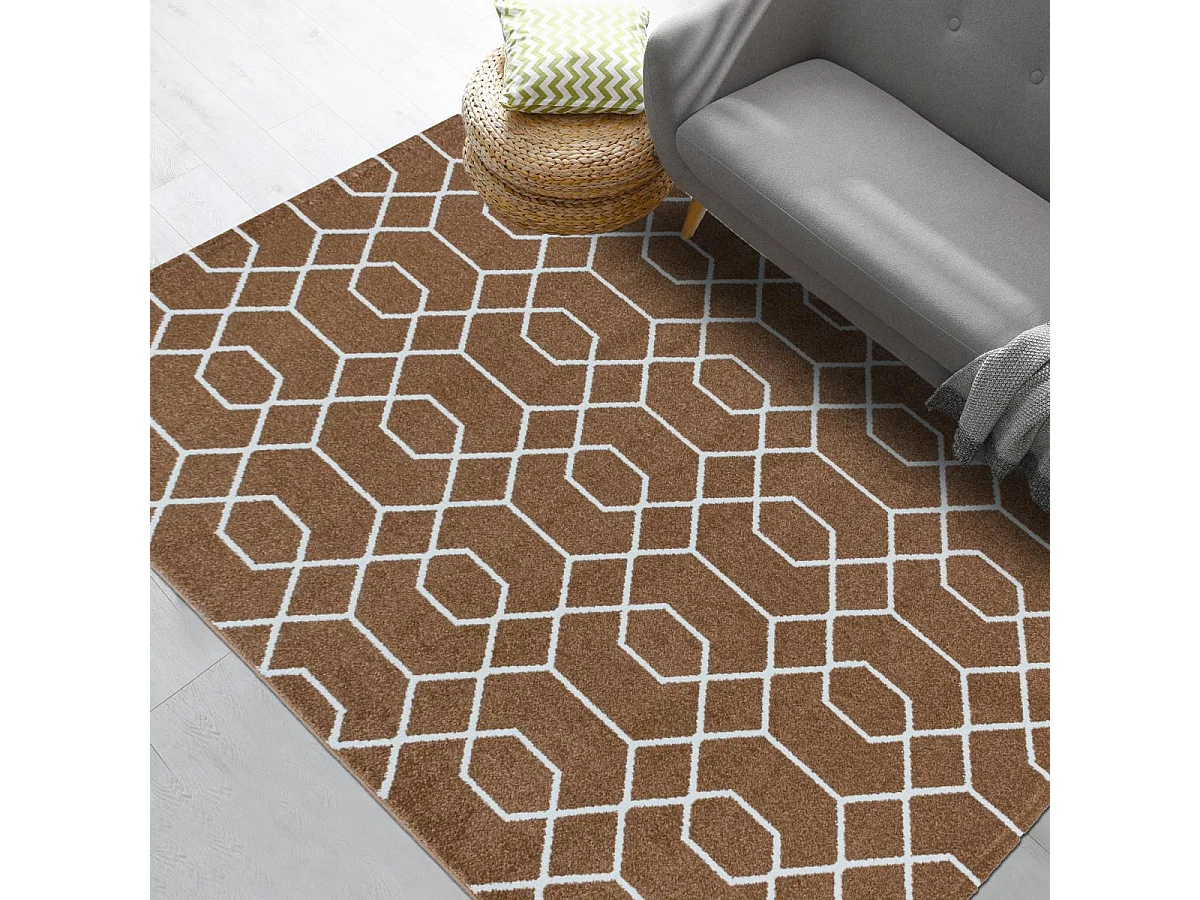 tapis salle à manger 200x290 tissé marron clair et blanc motif scandinave