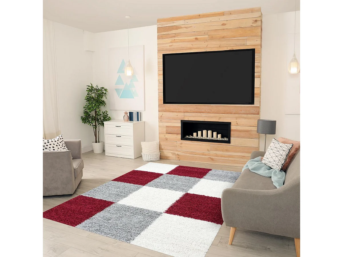 Tapis poils longs shaggy 80x250 rectangle tissé rouge et gris motif damier