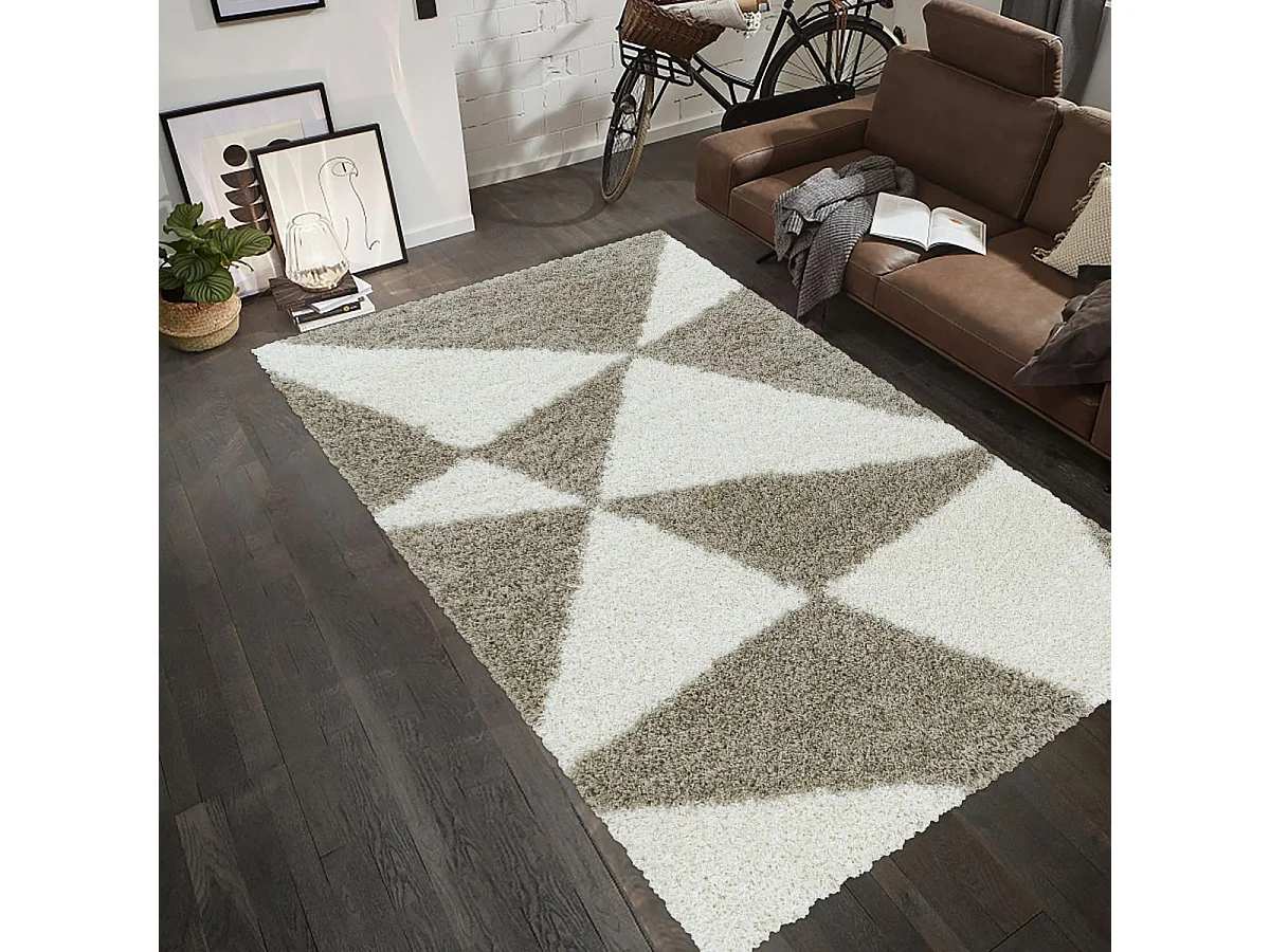 Tapis shaggy 280x370 rectangle tissé beige et crème motif géométrique