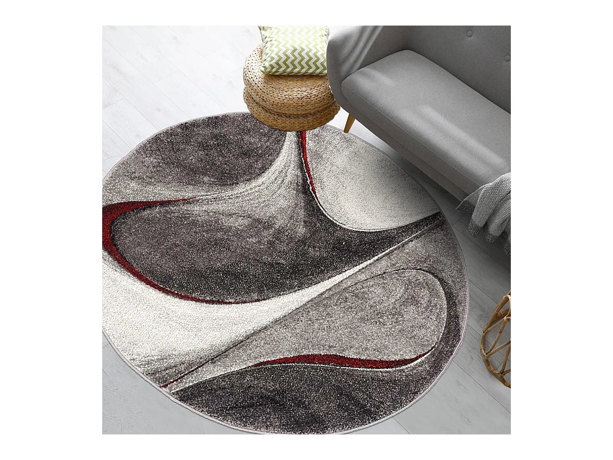 tapis chambre Ø120cm tissé rouge et gris rond motif géométrique LYN8 MADILA