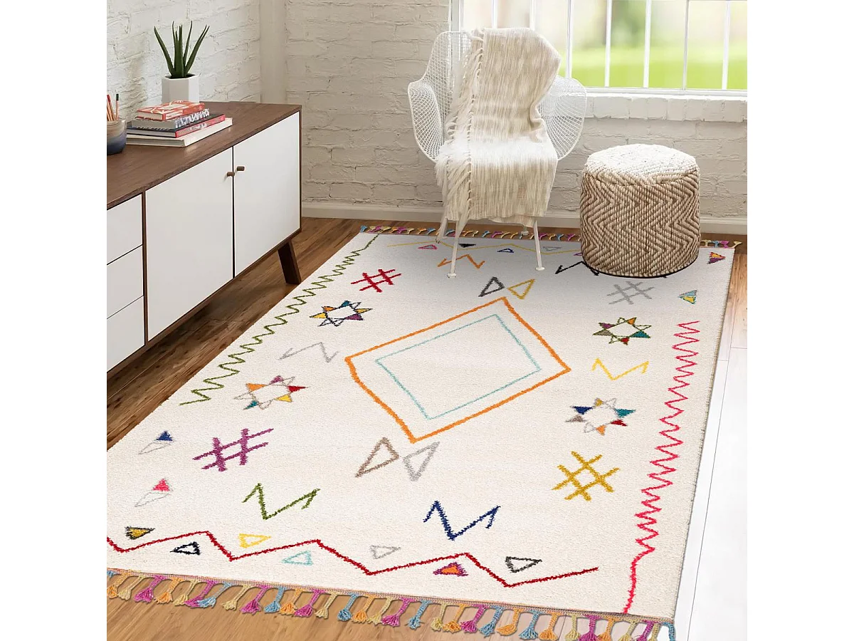 Tapis berbère 80x150 tissé motif ethnic LYN5 JADIDA crème