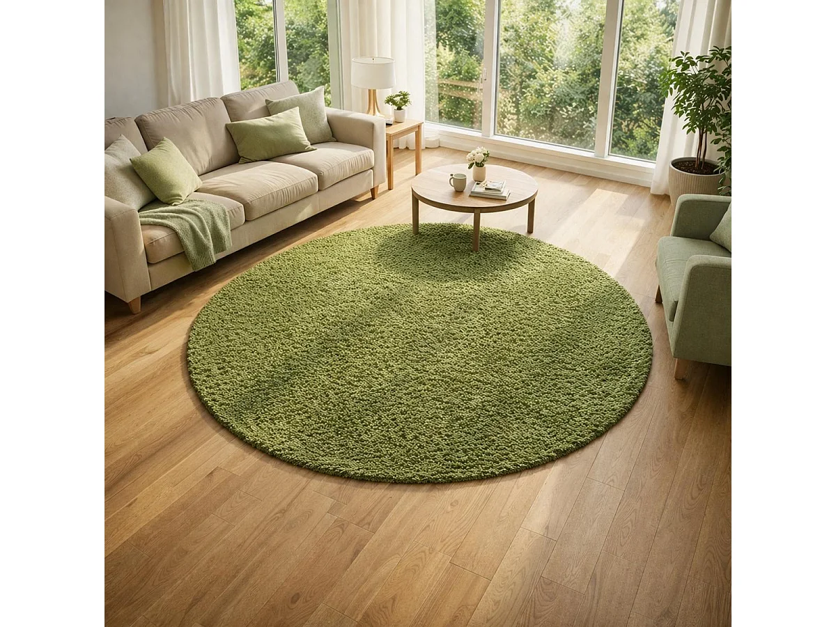 Tapis rond poils longs shaggy Ø120cm tissé vert motif uni UNI L