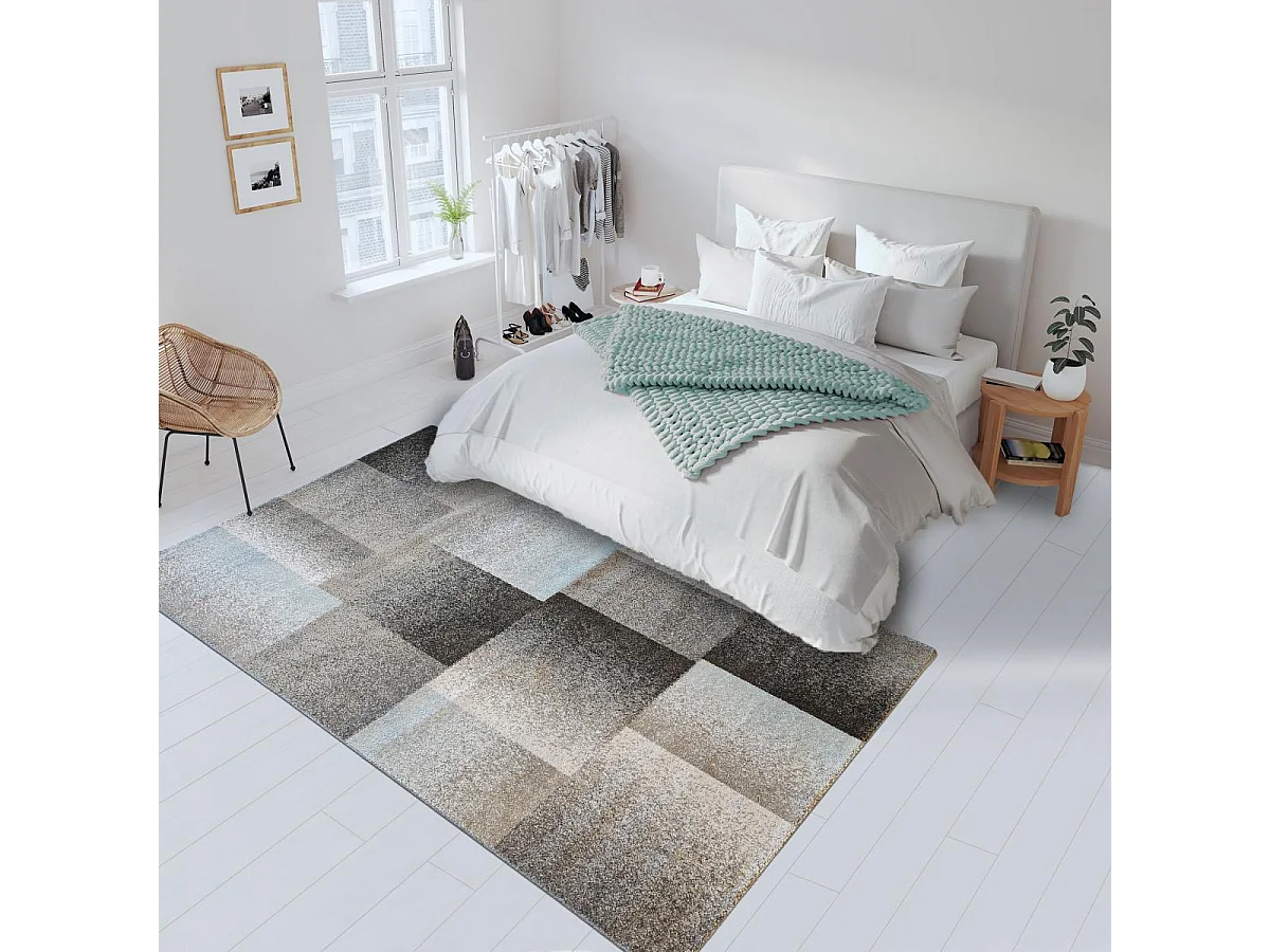 tapis chambre 80x150 tissé bleu et gris rectangle motif géométrique DERBY