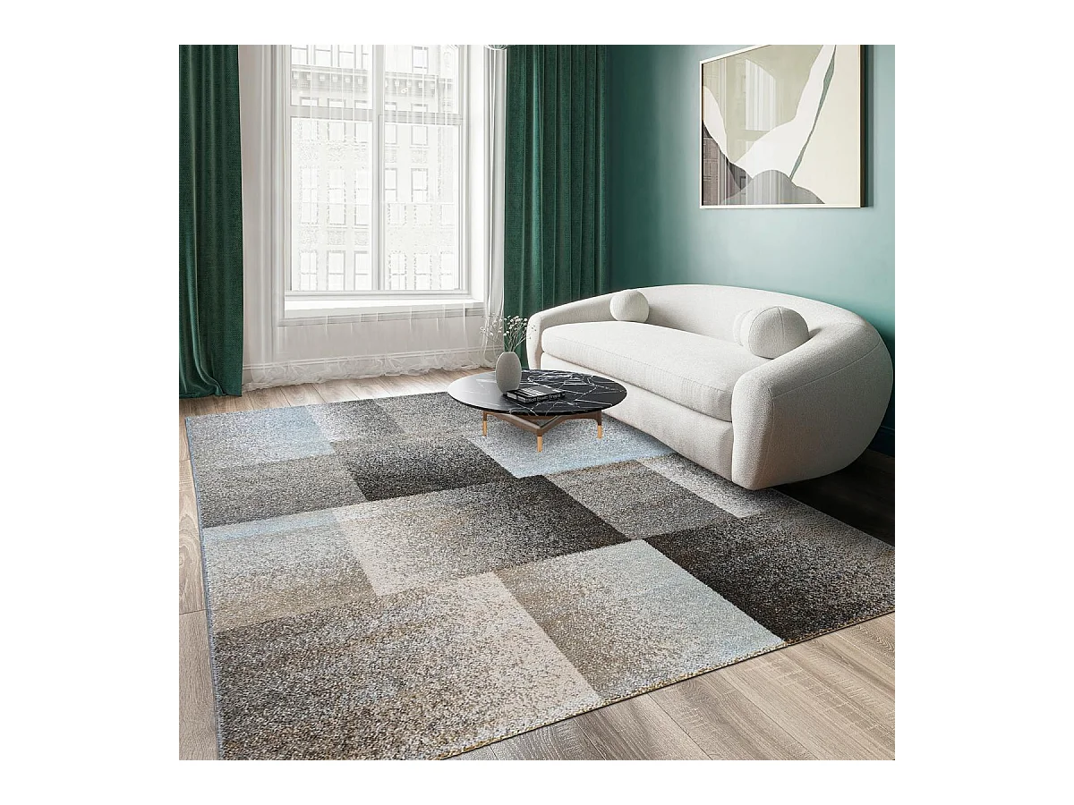 tapis chambre 80x150 tissé bleu et gris rectangle motif géométrique DERBY