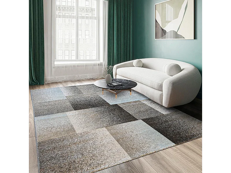 tapis chambre 80x150 tissé bleu et gris rectangle motif géométrique DERBY