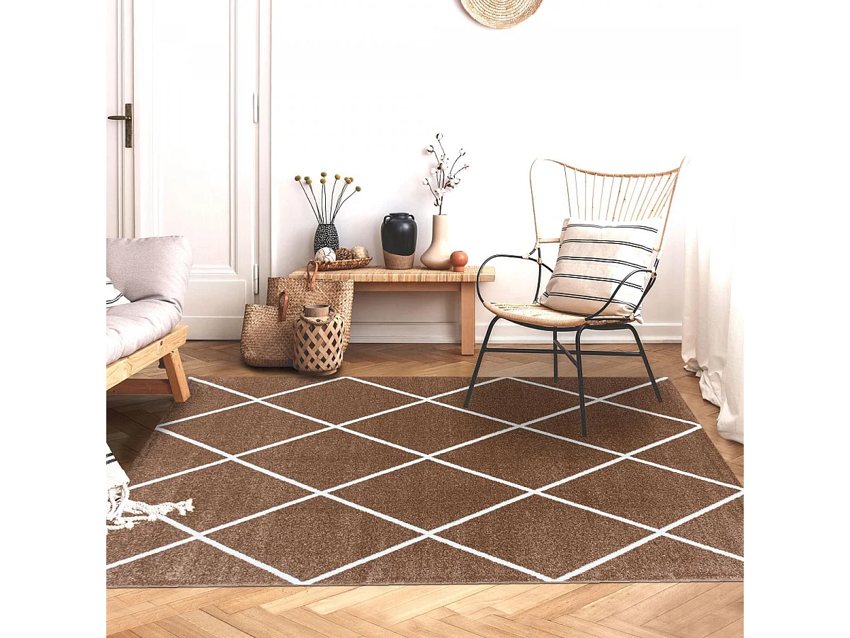tapis salle à manger 200x290 tissé marron clair et blanc motif scandinave