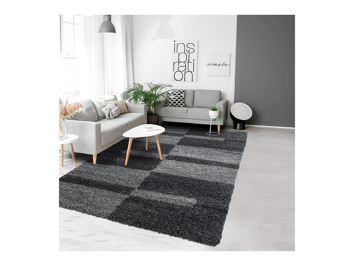 Tapis poils longs shaggy 240x340 rectangle tissé gris clair et gris foncé