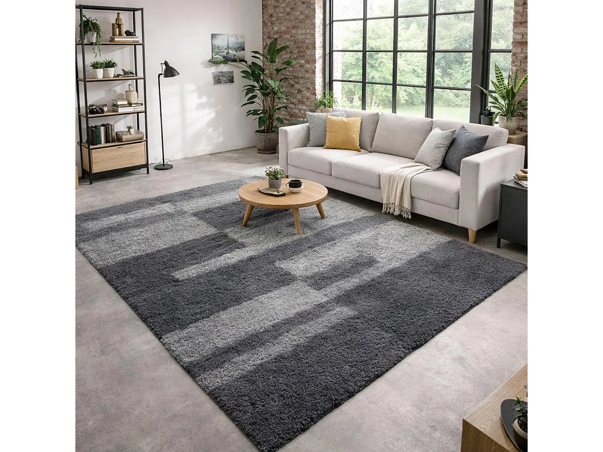 Tapis poils longs shaggy 240x340 rectangle tissé gris clair et gris foncé