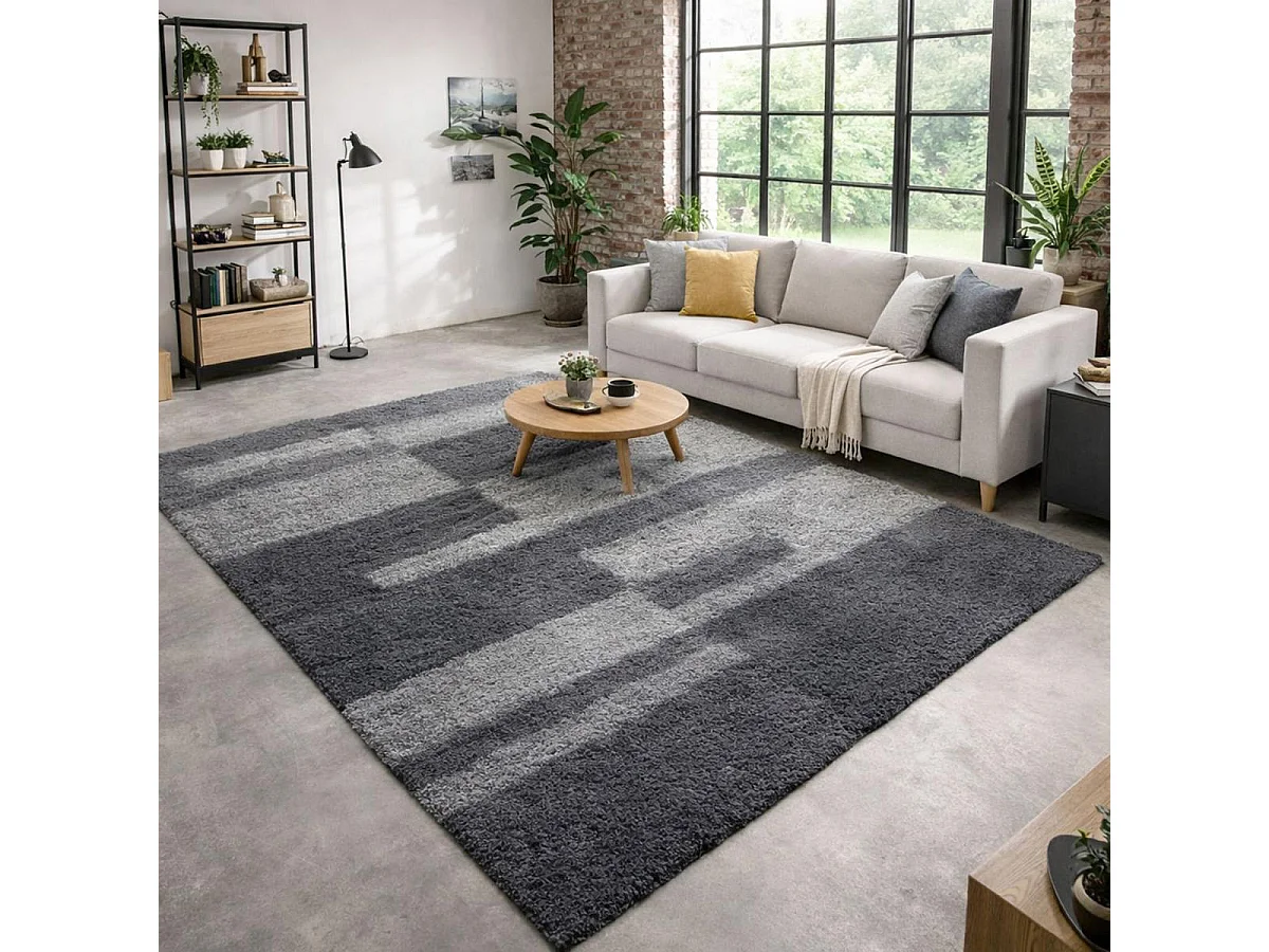 Tapis poils longs shaggy 240x340 rectangle tissé gris clair et gris foncé