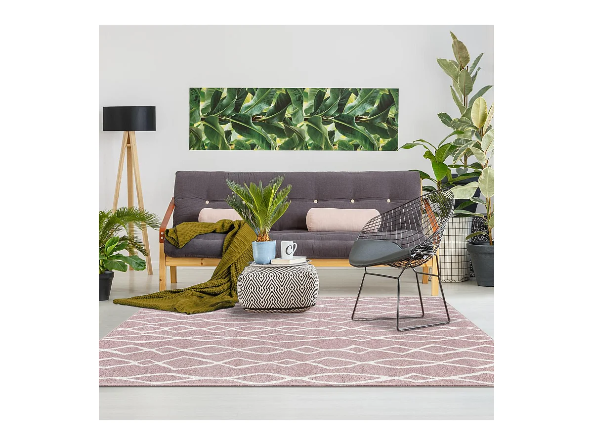 Tapis berbère 60x110 tissé motif ethnic BALANIO rose et blanc