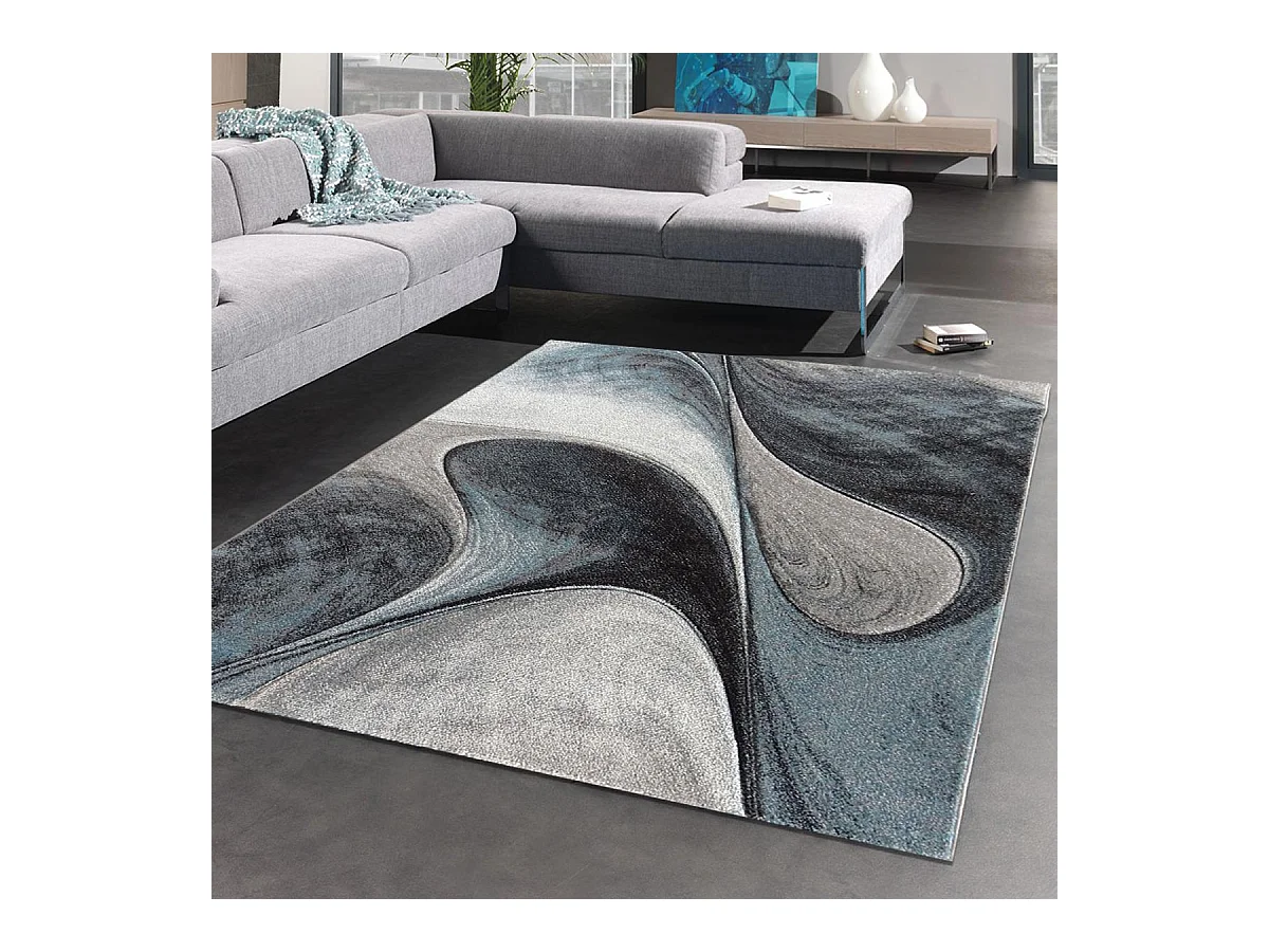 tapis salon 140x200 tissé bleu et gris rectangle motif géométrique LYN8 MADILA