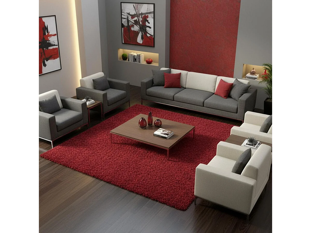 Alfombra Shaggy de pelo largo 140x200 rectangular tejida color rojo liso UNI L