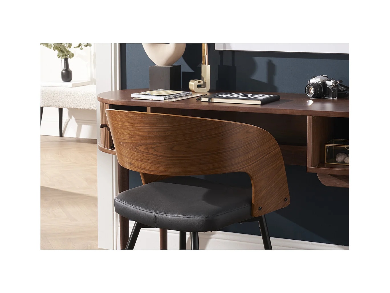 Chaises design bois foncé noyer, assises et métal noirs (lot de 2) RIFF