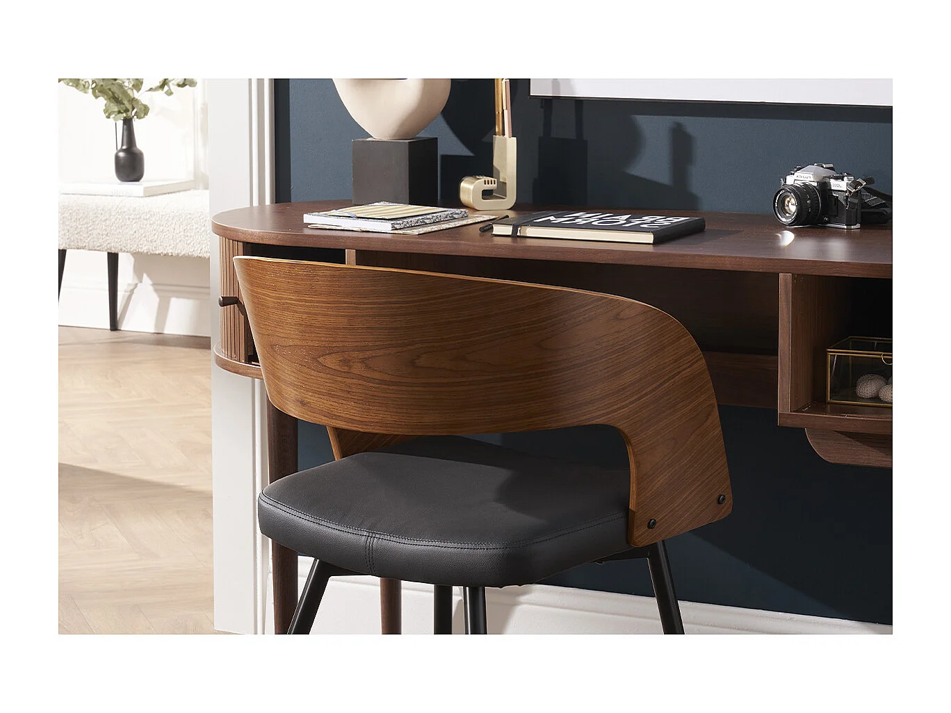 Sedie design legno scuro noce, sedute e metallo nero (set di 2) RIFF