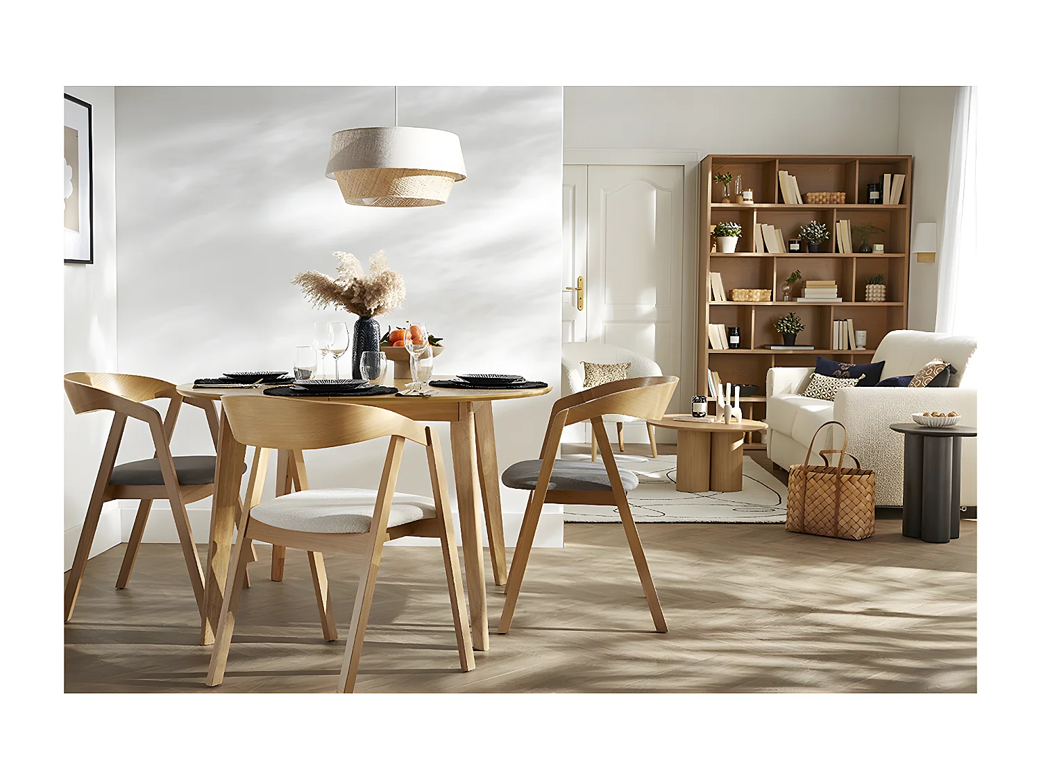 Chaises vintage empilables en bois teinté noyer et tissu gris (lot de 2) LOVA