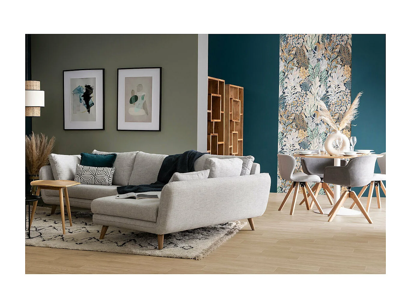 Silla escandinava tejido gris patas madera clara ANYA