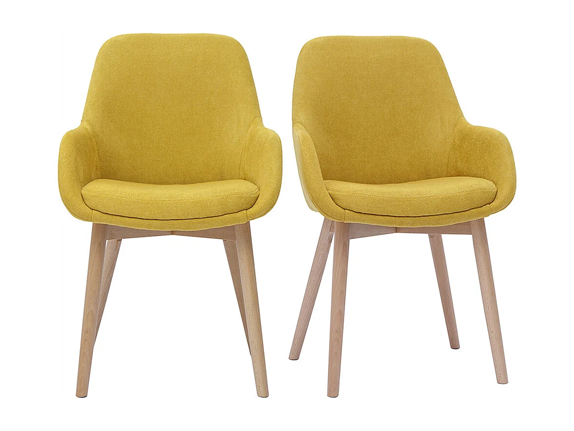 Skandinavische Stühle aus senfgelbem Stoff mit Samteffekt und helles Massivholz (2er-Set) HOLO