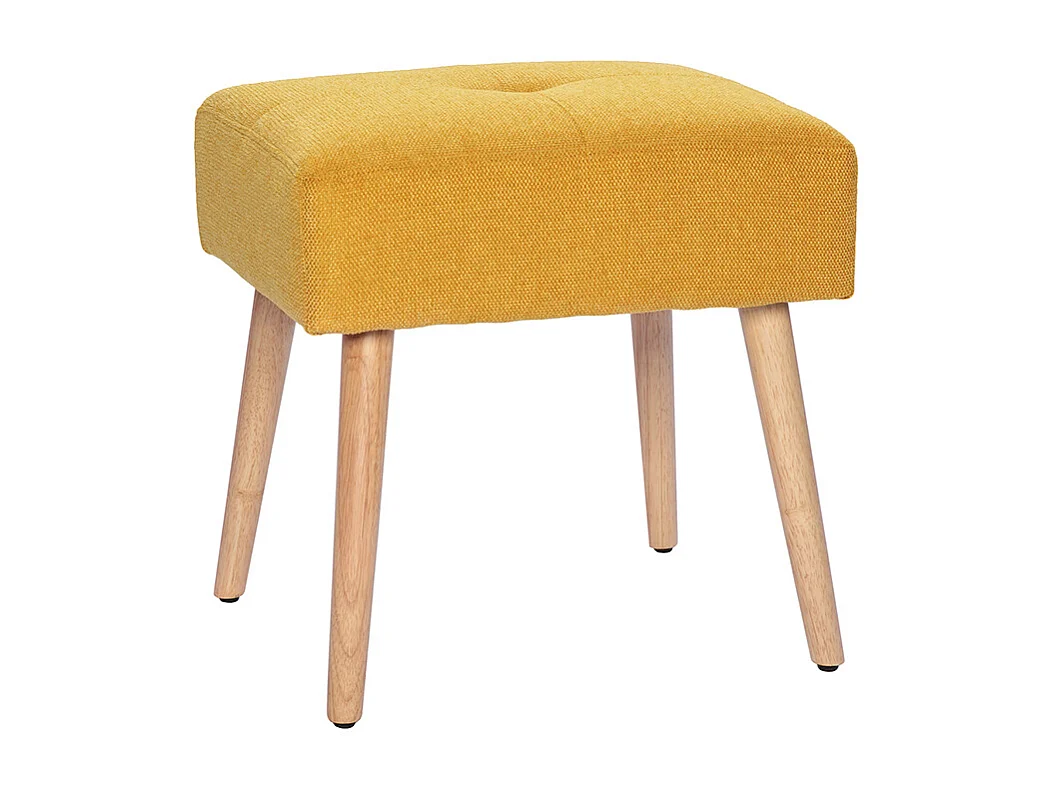 Tabouret bas en tissu effet velours texturé jaune moutarde et bois clair massif H46 cm GUESTA