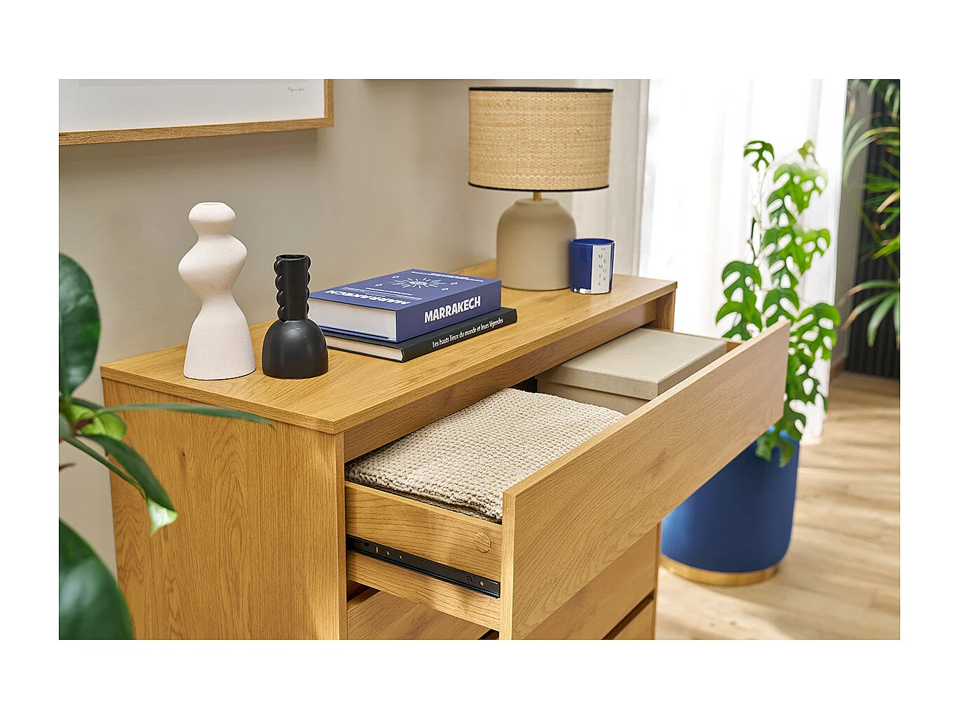 Commode finition bois clair chêne 4 tiroirs L100 cm ARAGON