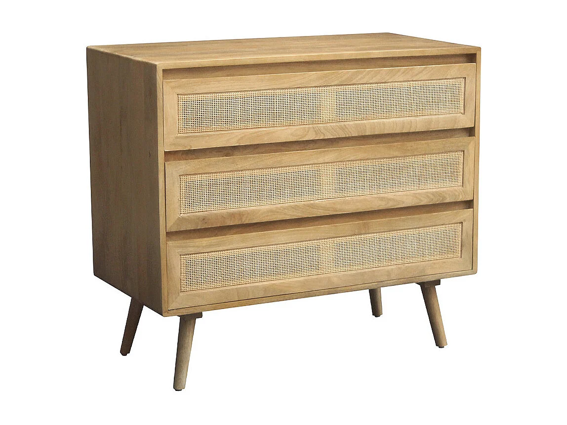 Cómoda de madera maciza de mango y caña de ratán 3 cajones 90 cm ACANGE