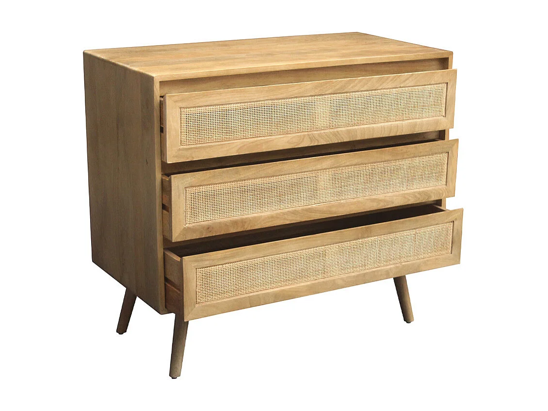 Cómoda de madera maciza de mango y caña de ratán 3 cajones 90 cm ACANGE
