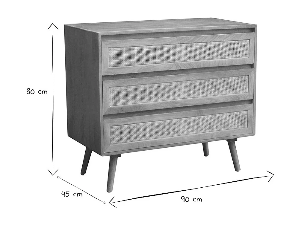 Cómoda de madera maciza de mango y caña de ratán 3 cajones 90 cm ACANGE