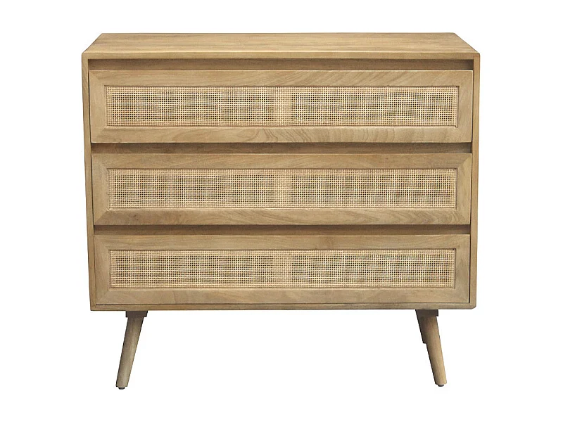 Commode en bois manguier massif et cannage rotin 3 tiroirs L90 cm ACANGE