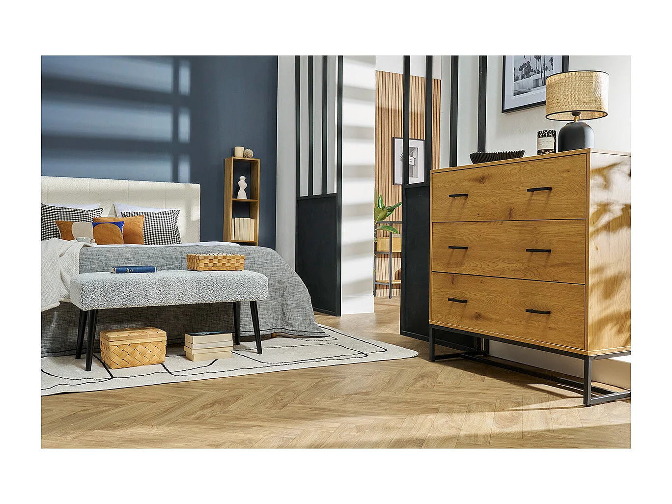 Kommode mit 3 Schubladen in hellem Eichenholzfinish und schwarzem Metall B100 cm LOVATO