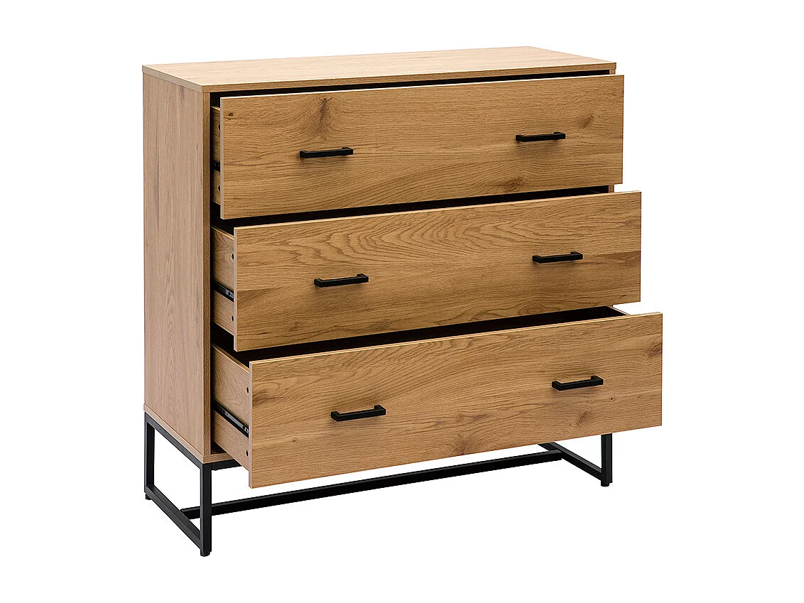 Kommode mit 3 Schubladen in hellem Eichenholzfinish und schwarzem Metall B100 cm LOVATO