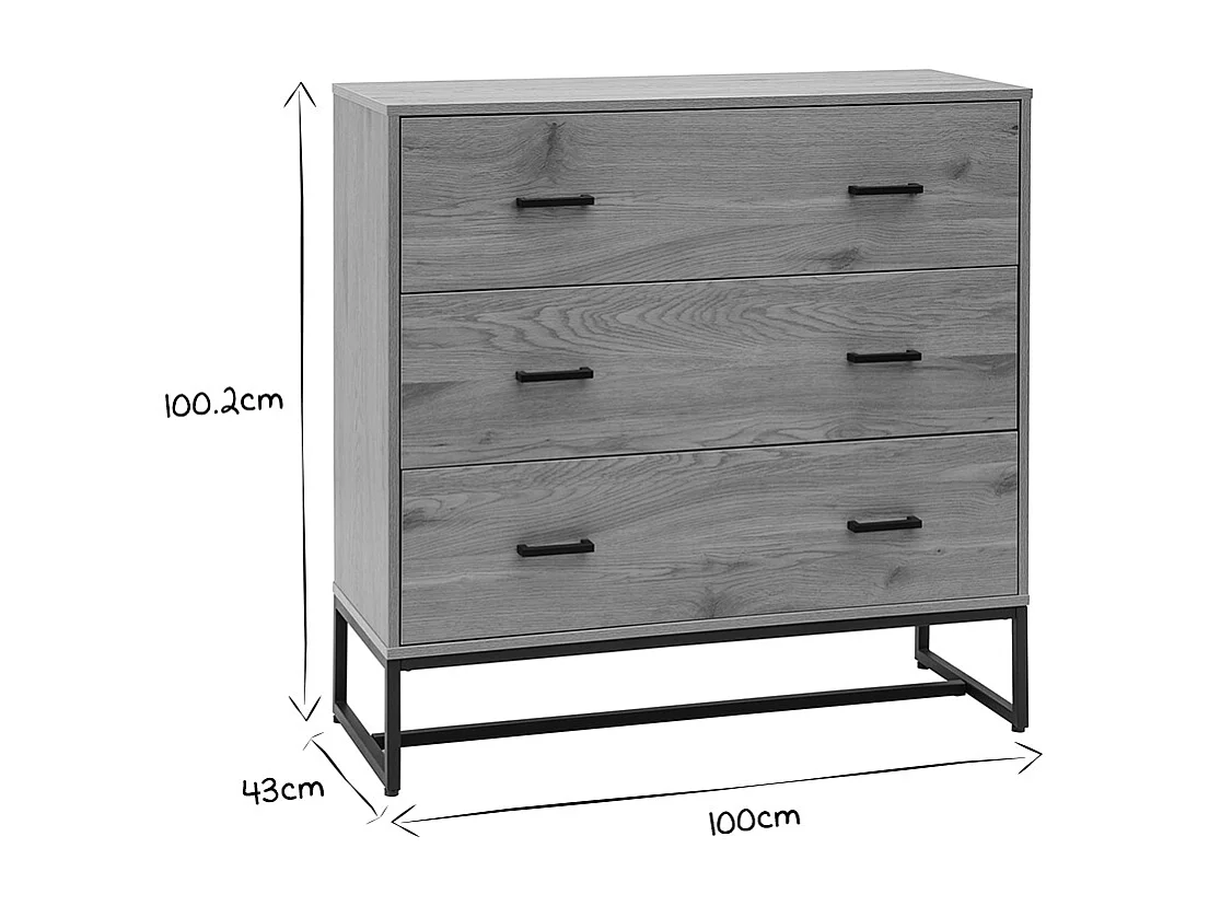 Kommode mit 3 Schubladen in hellem Eichenholzfinish und schwarzem Metall B100 cm LOVATO