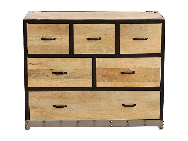 Commode industrielle en bois manguier massif et métal noir 6 tiroirs L99 cm INDUSTRIA