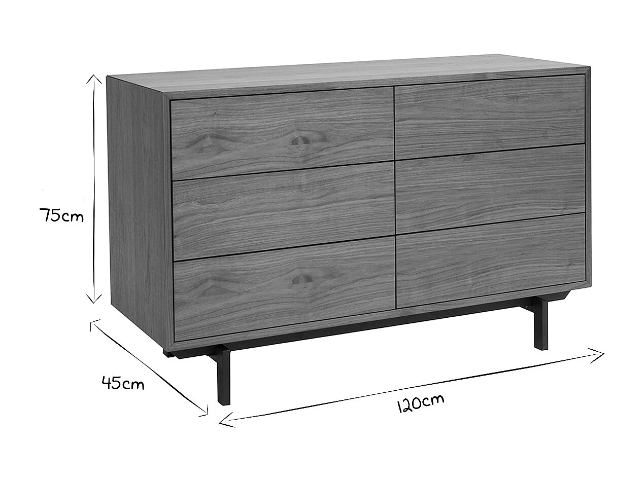 Comò vintage 6 cassetti noce e metallo L120 cm MANNY