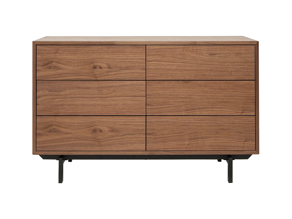 Commode vintage bois foncé noyer et métal noir 6 tiroirs L120 cm MANNY