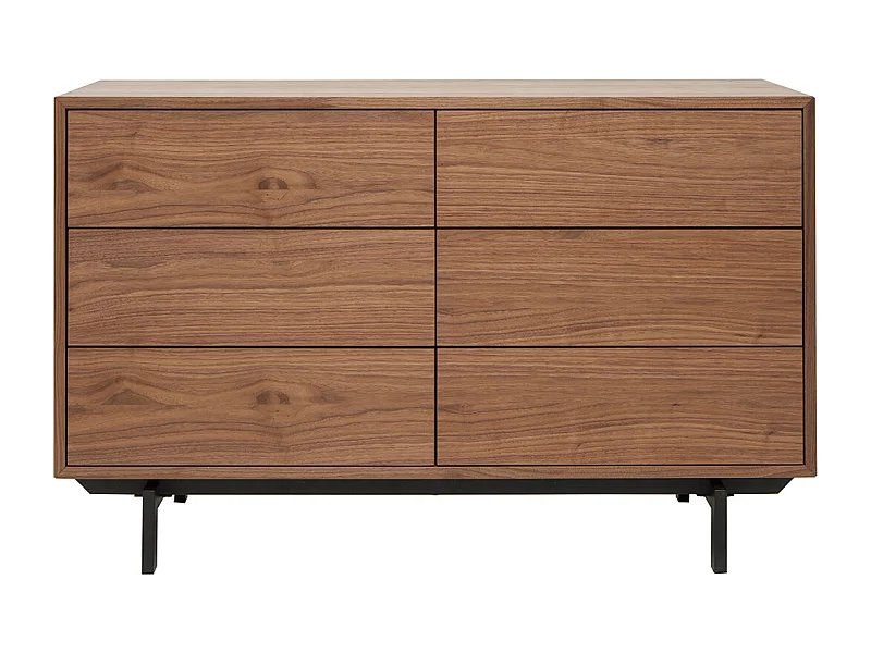 Commode vintage bois foncé noyer et métal noir 6 tiroirs L120 cm MANNY