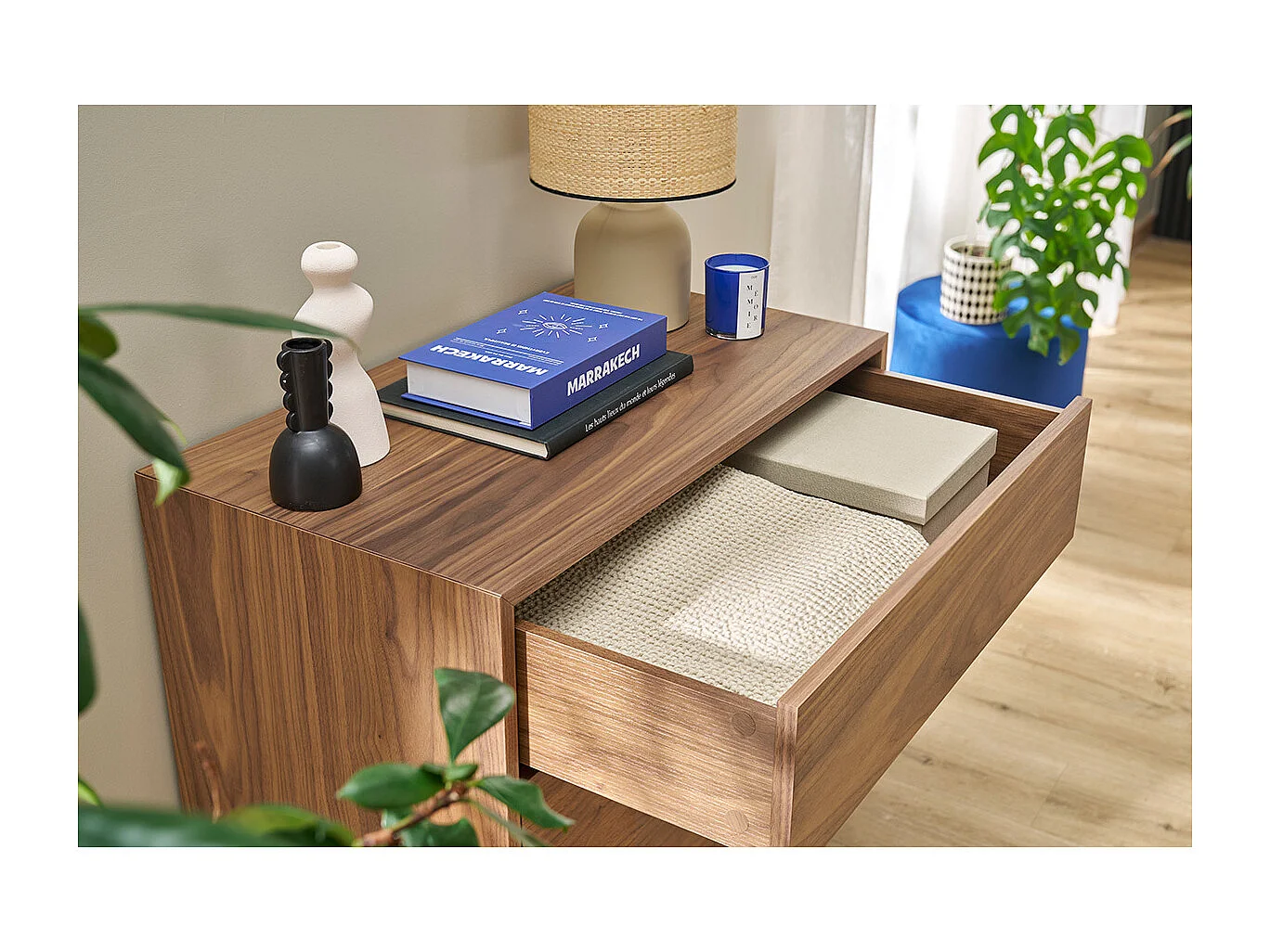 Commode vintage en bois foncé noyer et métal noir 3 tiroirs L81 cm MANNY