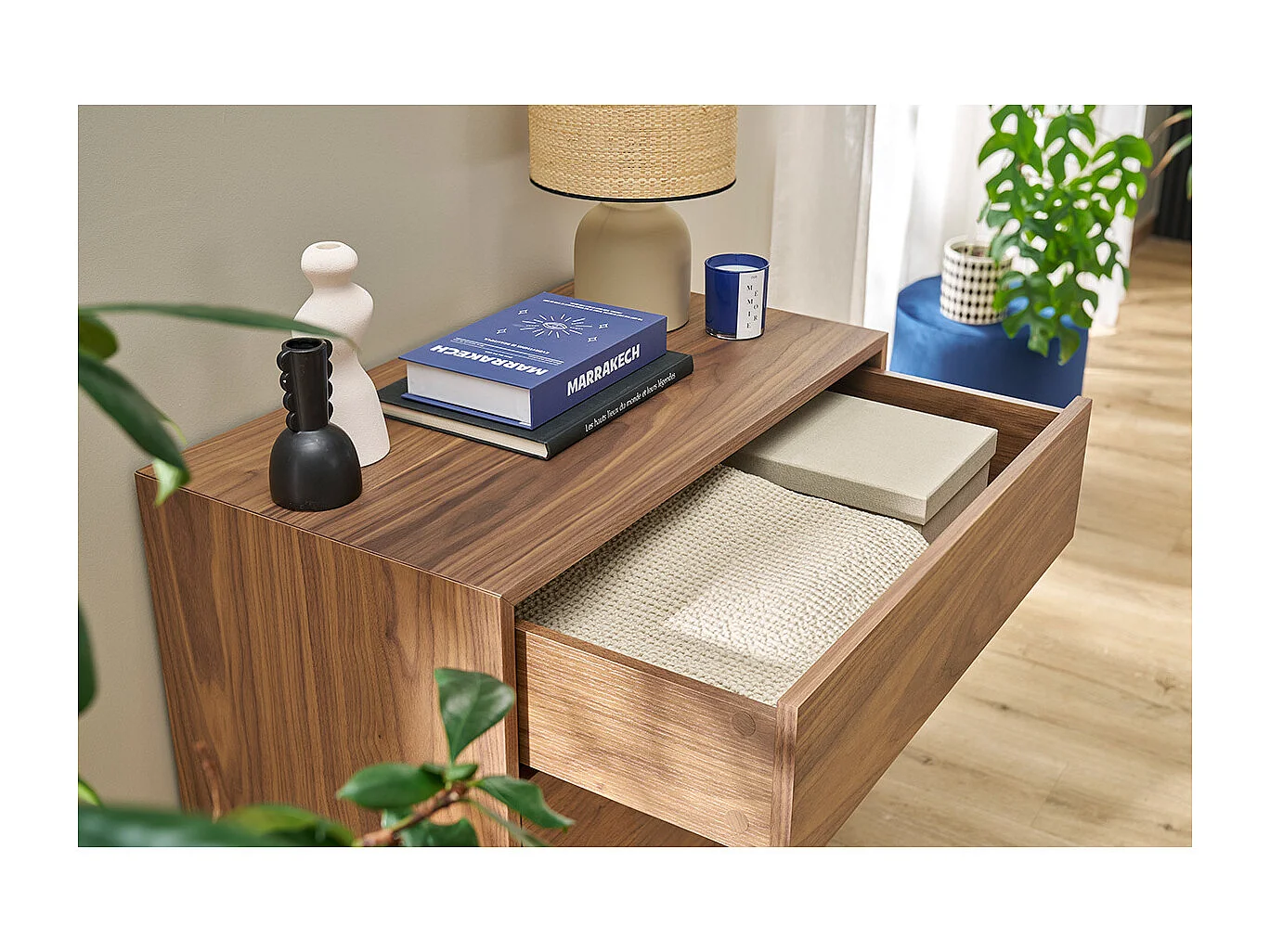 Commode vintage en bois foncé noyer et métal noir 3 tiroirs L81 cm MANNY