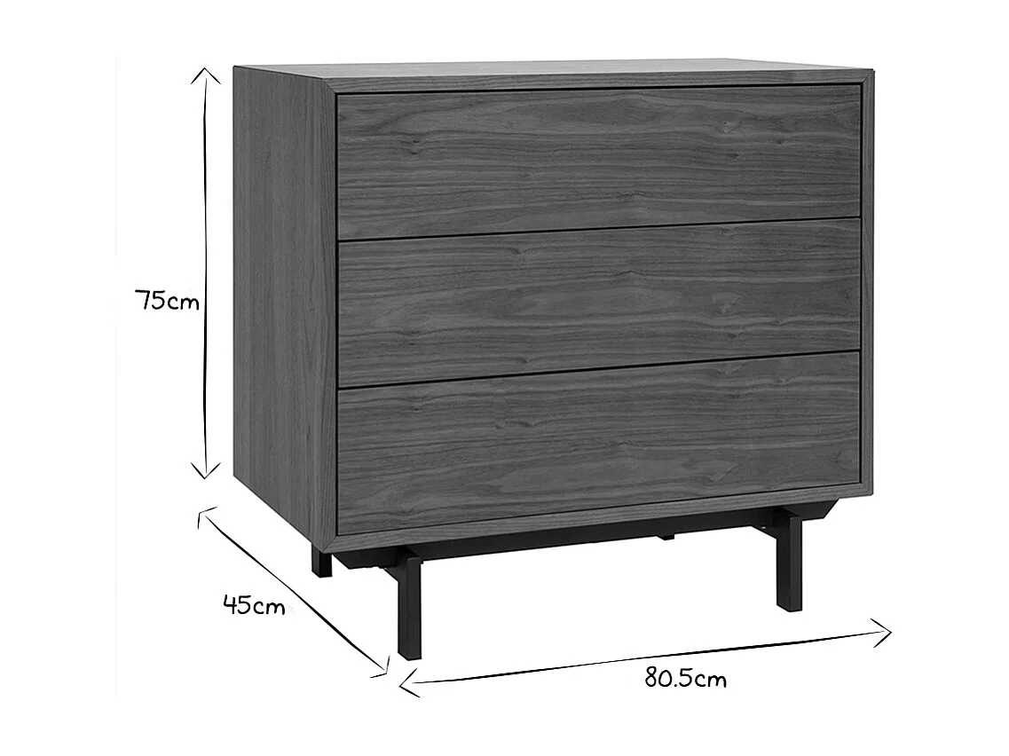 Commode vintage en bois foncé noyer et métal noir 3 tiroirs L81 cm MANNY