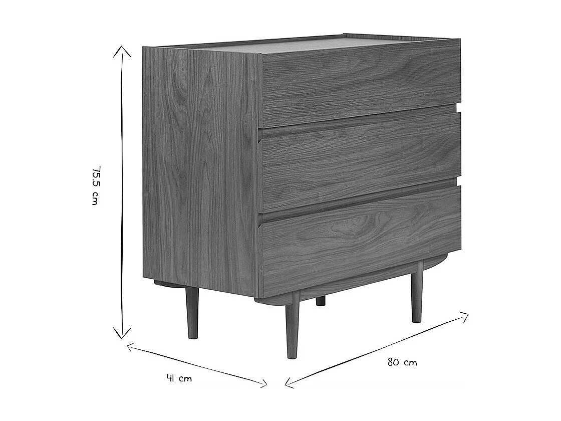 Commode finition bois foncé noyer 3 tiroirs L80 cm SANAA