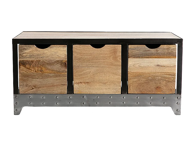 Meuble de rangement industriel en bois manguier massif et métal noir 3 tiroirs L100 cm ATELIER