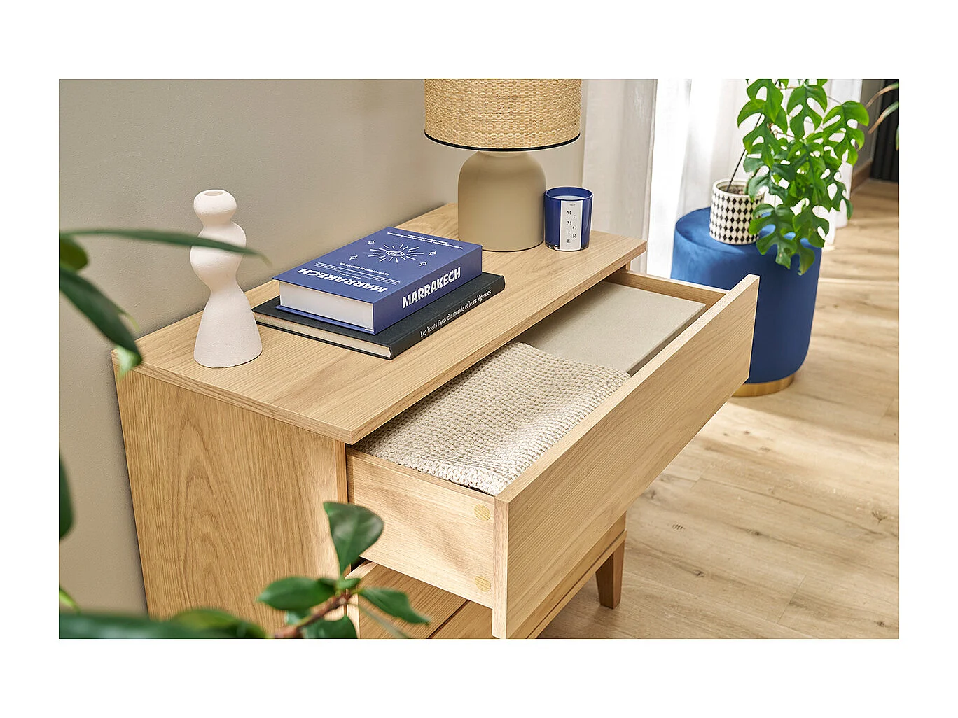 Commode scandinave en bois clair chêne 3 tiroirs L80 cm FREDDY