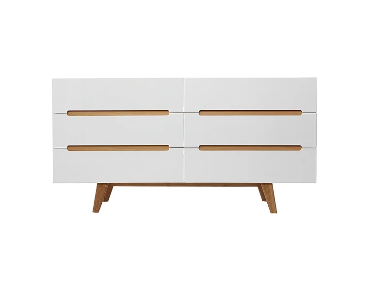 Skandinavische Kommode Weiß glänzend und Esche 6 Schubladen MELKA