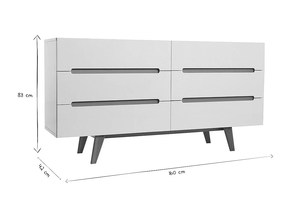 Cómoda escandinava blanco brillante y fresno 6 cajones MELKA