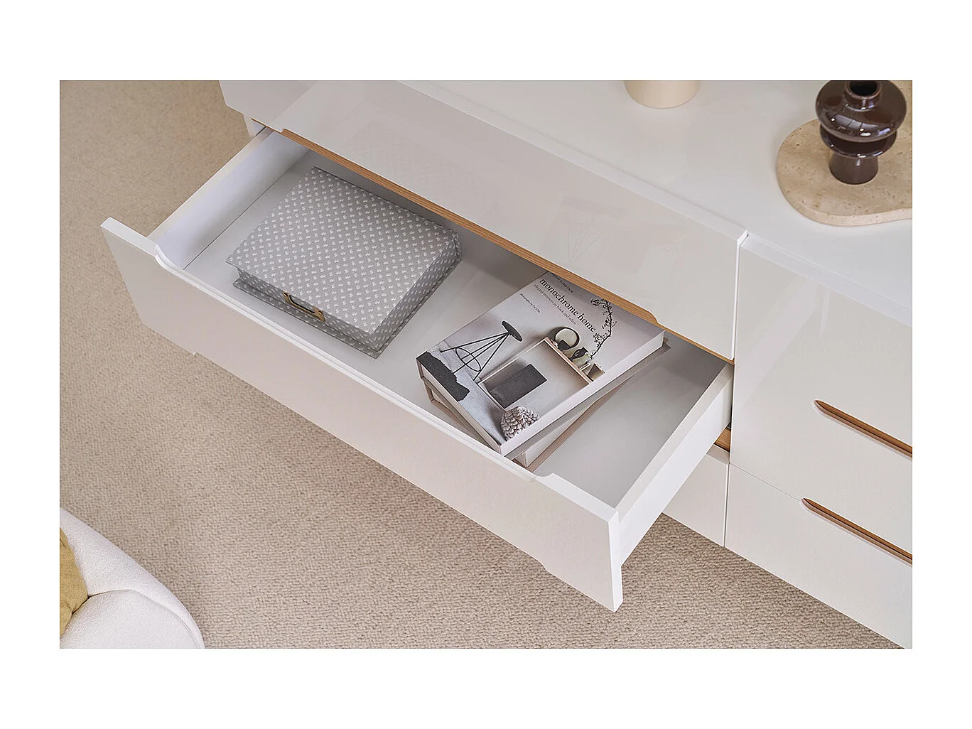 Skandinavische Kommode Weiß glänzend und Esche 6 Schubladen MELKA