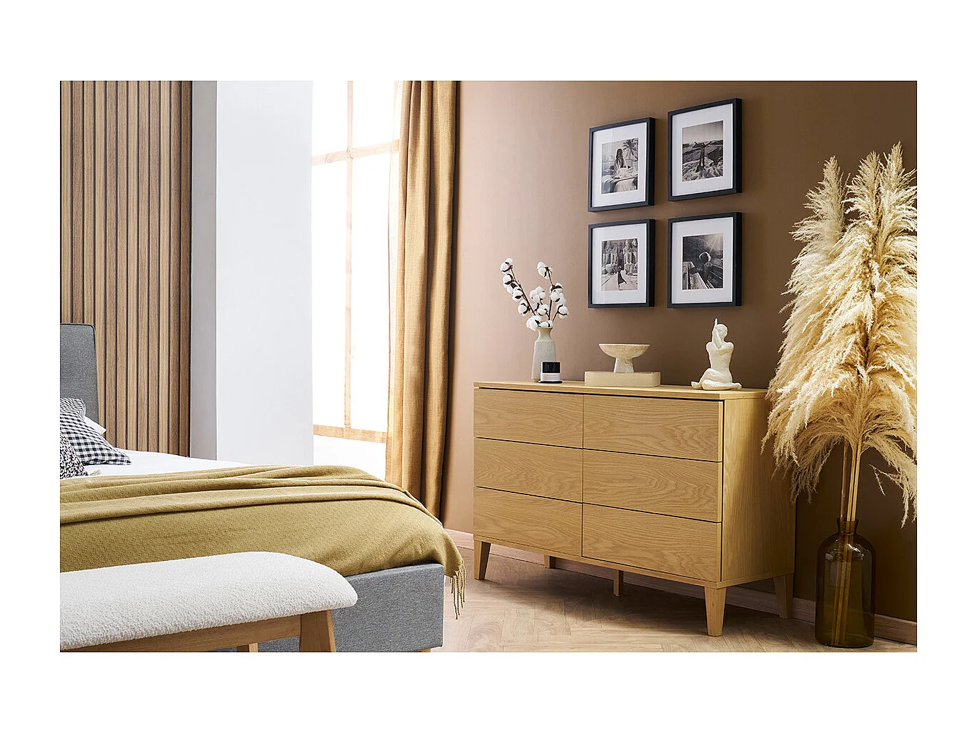 Commode en bois clair chêne 6 tiroirs L120 cm FREDDY