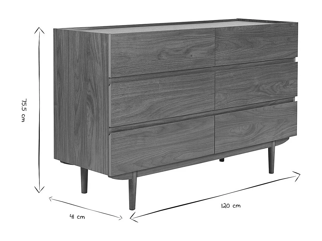 Commode finition bois foncé noyer 6 tiroirs L120 cm SANAA