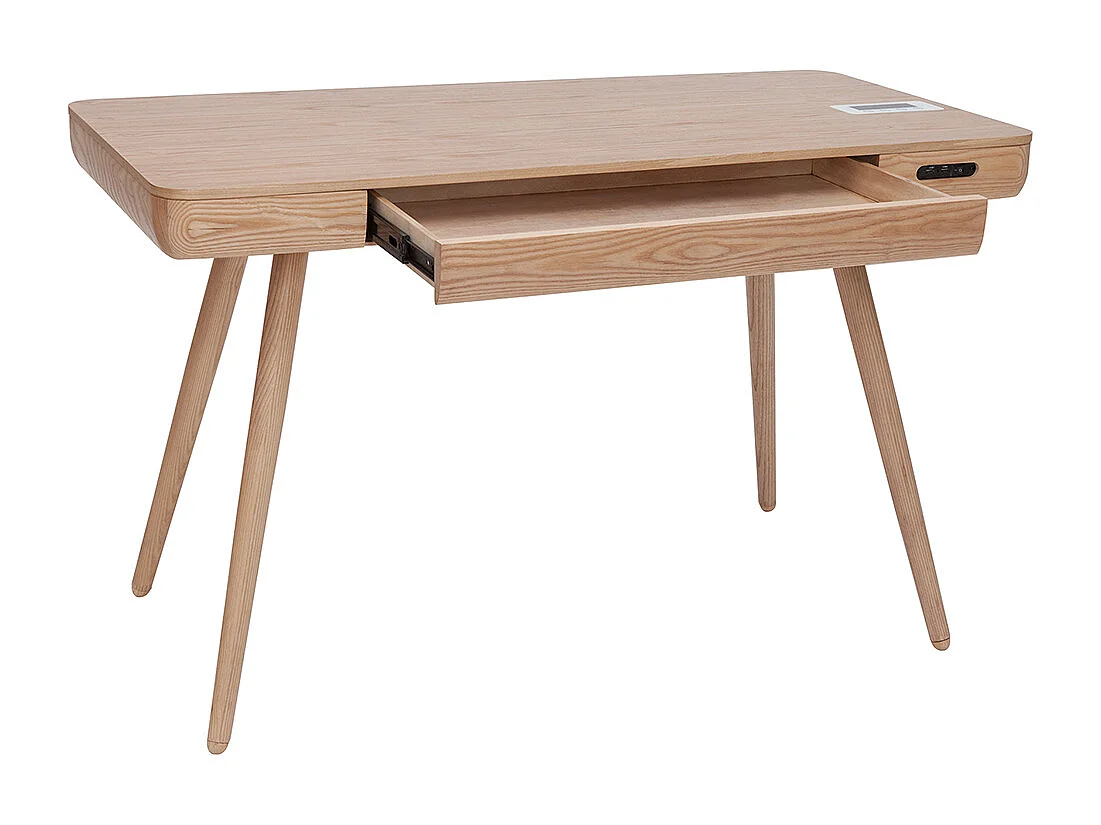 Bureau connecté multimédia  avec tiroir bois clair massif L120 cm CLEVER