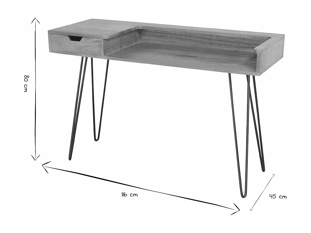 Bureau avec tiroir bois manguier massif et métal noir L116 cm VIBES