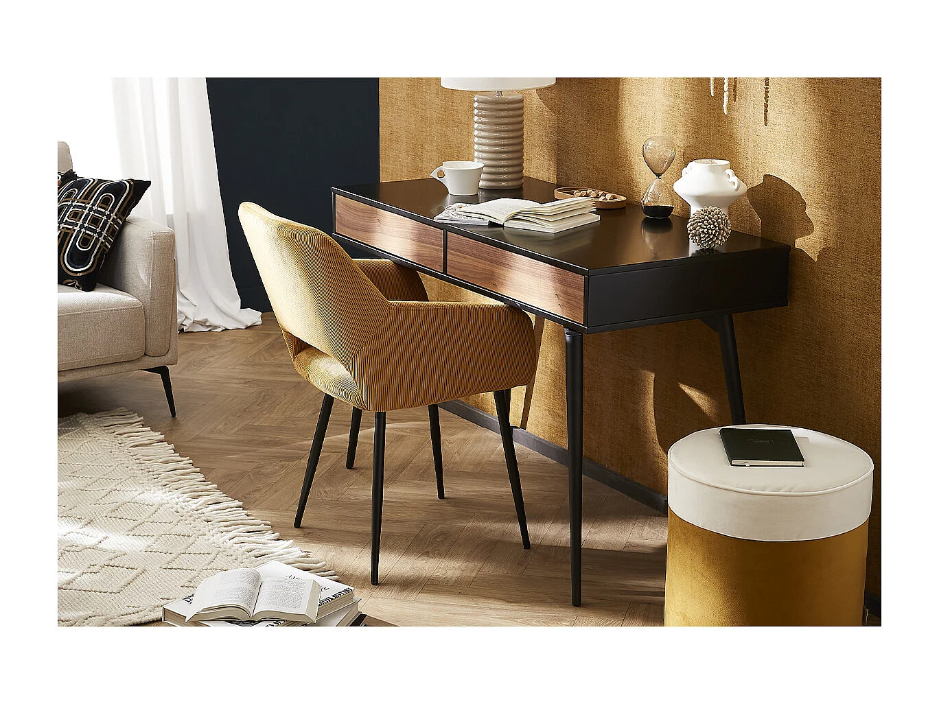 Scrivania design nero opaco e impiallacciatura noce TRIPOLI