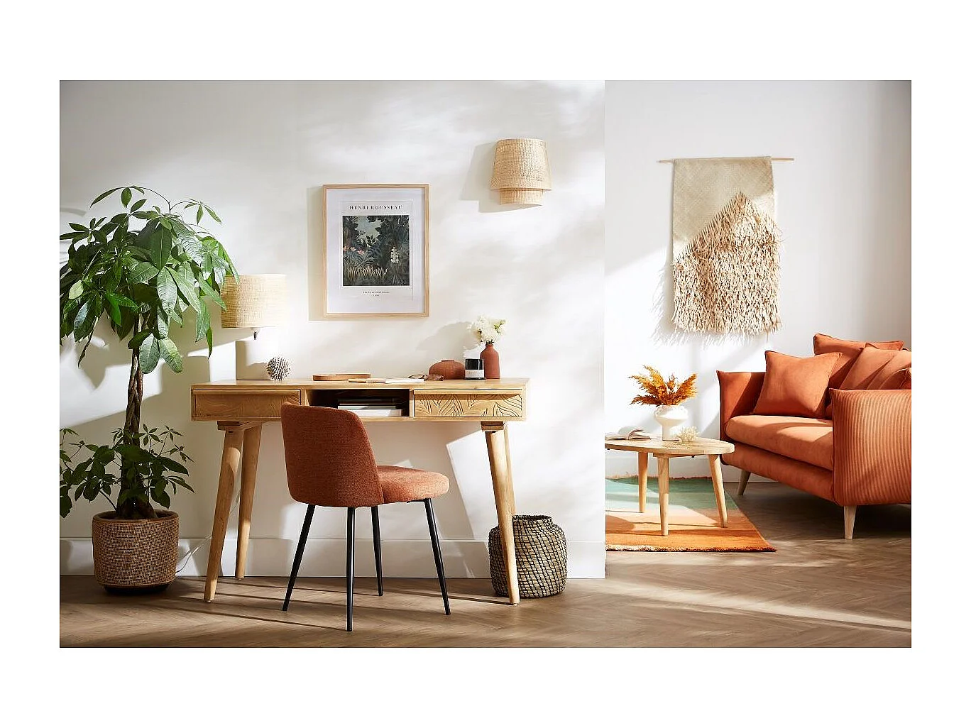 Escritorio étnico de madera maciza de mango tallada con 2 cajones KAFFIR